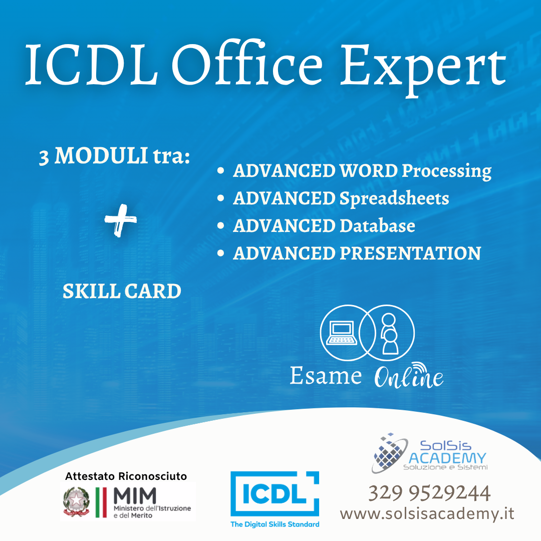 Promo poster for ICDL Office Expert: lists three modules and four advanced skills in a blue gradient with logos at bottom.