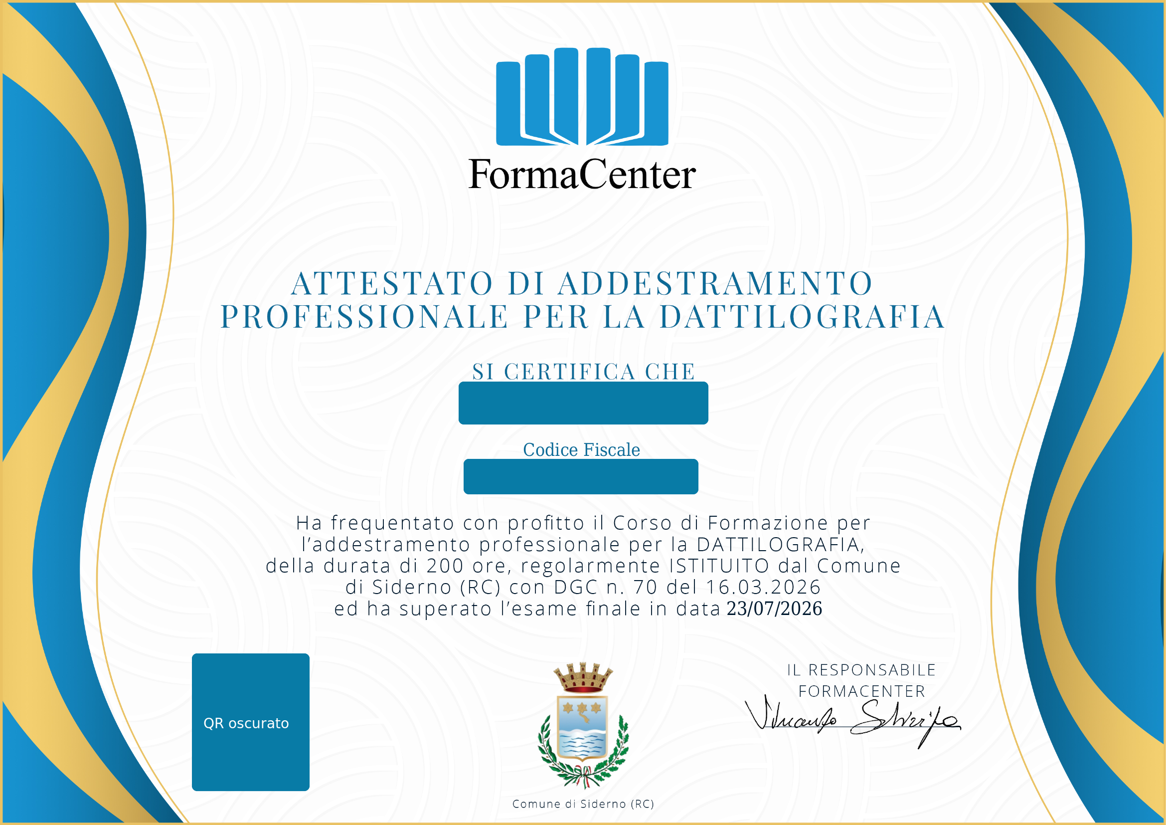 Decorative certificate banner from FormaCenter with blue and gold borders, featuring the title 'ATTESTATO DI ADDESTRAMENTO PROFESSIONALE PER LA DATTILOGRAFIA' and placeholders for code fields (Codice Fiscale) and a QR code.