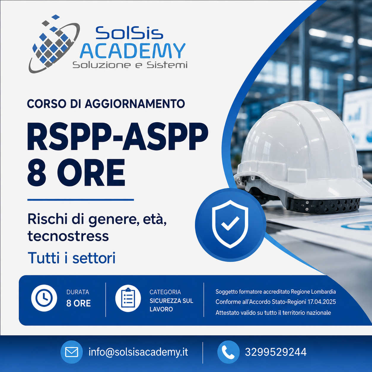 Poster promozionale SolSis Academy: corso di aggiornamento RSPP–ASPP 8 ore, rischi di genere, età e tecnostress, tutti i settori.