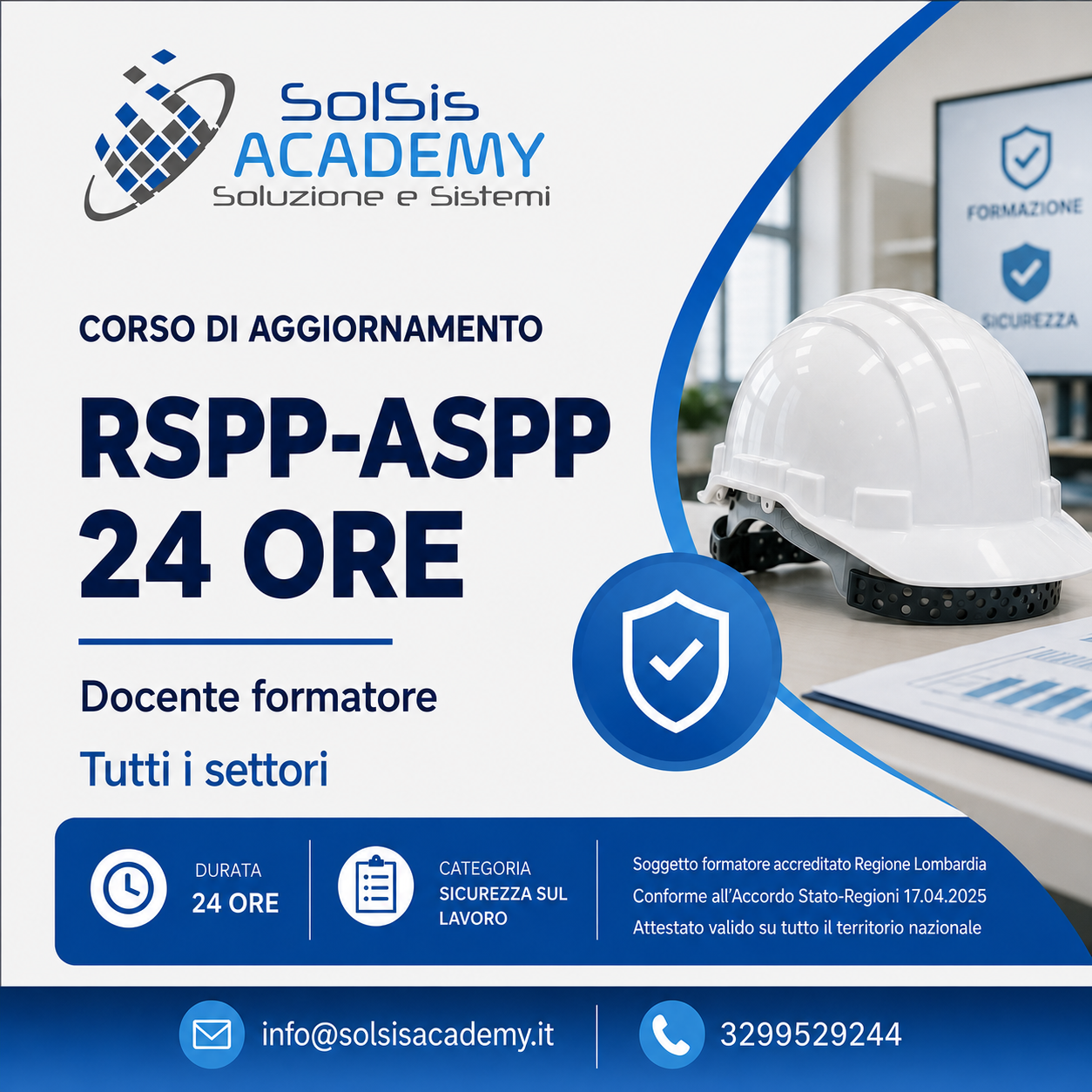 Poster for SolSis Academy promoting a 24-hour RSPP-ASPP course with a white safety helmet and shield icon, plus contact info.