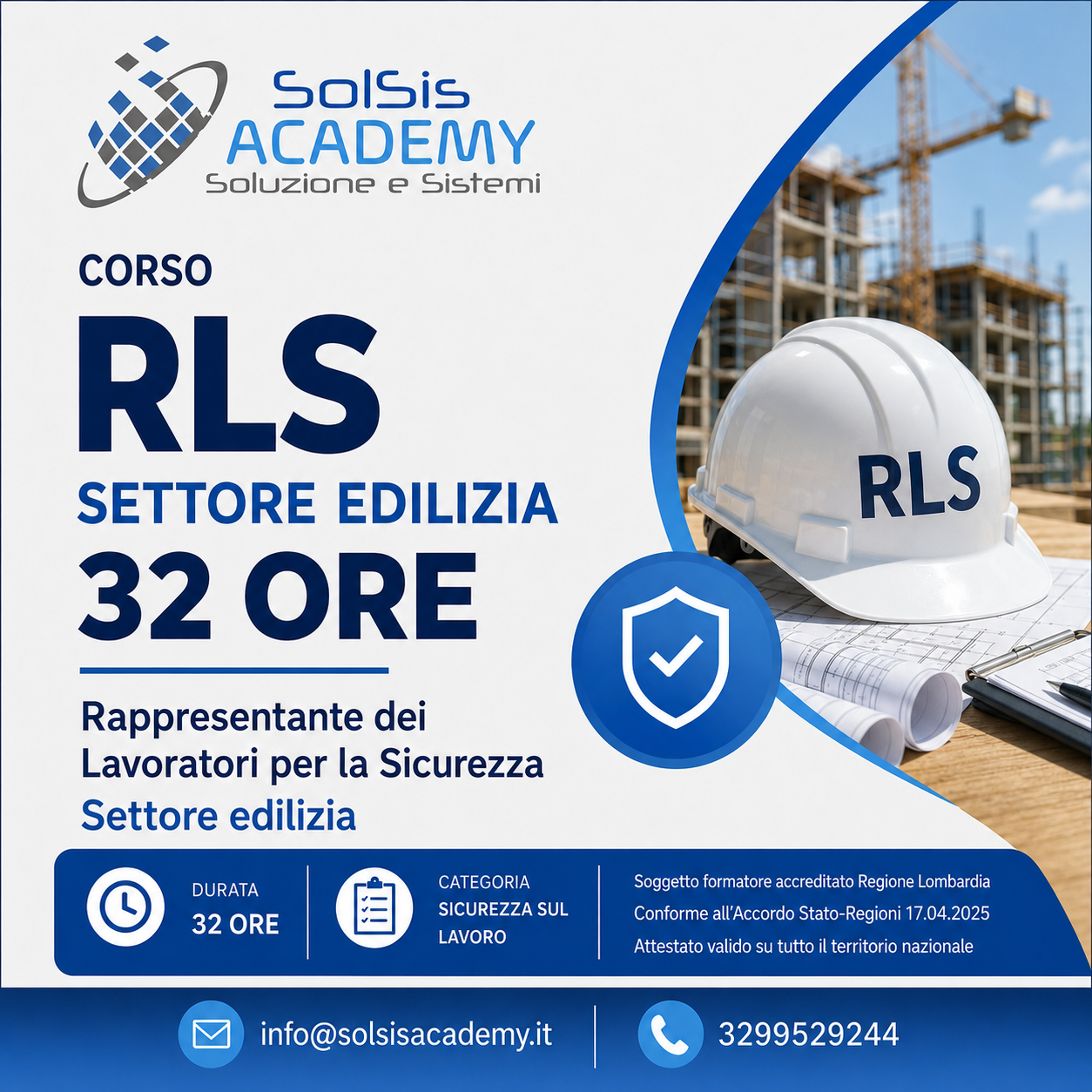 Poster advertising the RLS course for the construction sector: 32 hours, with helmet and blue safety icons in a white-blue layout.