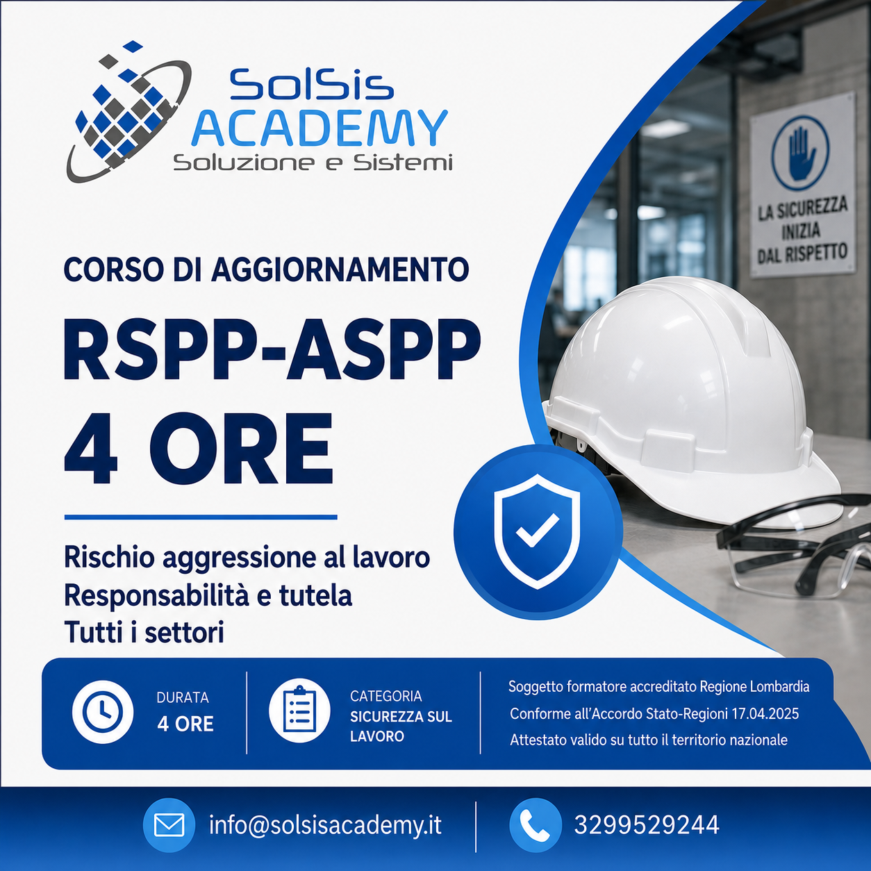 Poster advertising the Solsis Academy safety training course: RSPP-ASPP 4 ORE with helmet, shield icon, and contact info in Italian.
