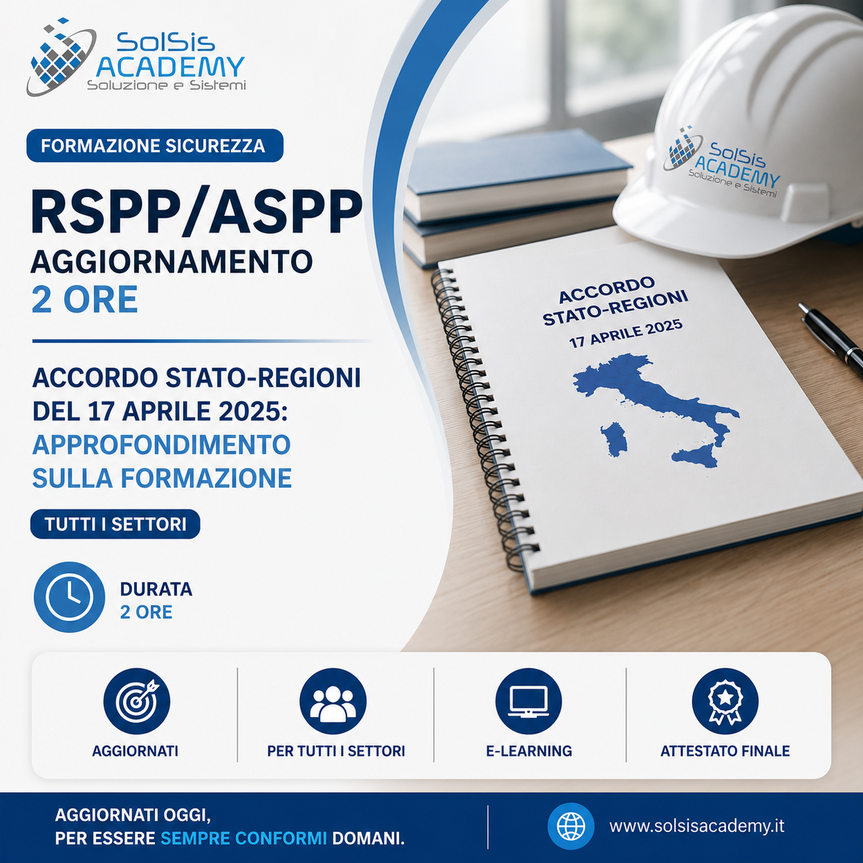 Infographic poster for SolSIS Academy promoting a 2-hour RSPP/ASP aggiornamento on safety training. Includes logo, helmet, and notebook image.