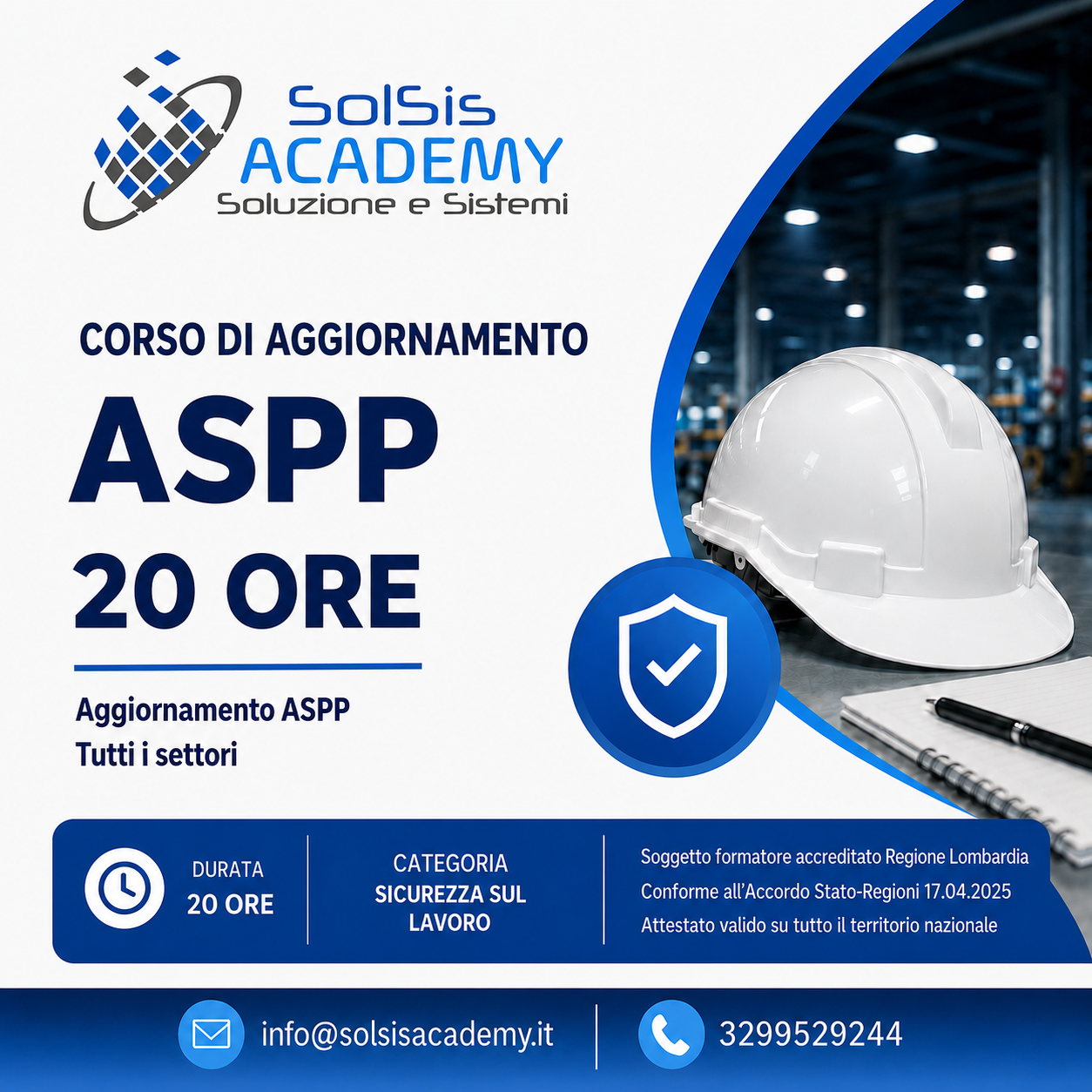 Promotional poster for Solsis Academy offering a 20-hour ASPP update course, with a safety helmet and shield icon.