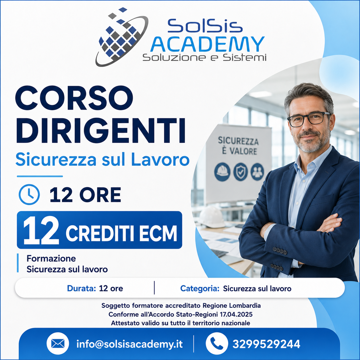 Poster advertising a workplace safety leadership course (Corso Dirigenti Sicurezza sul Lavoro) with a man in a suit on the right.