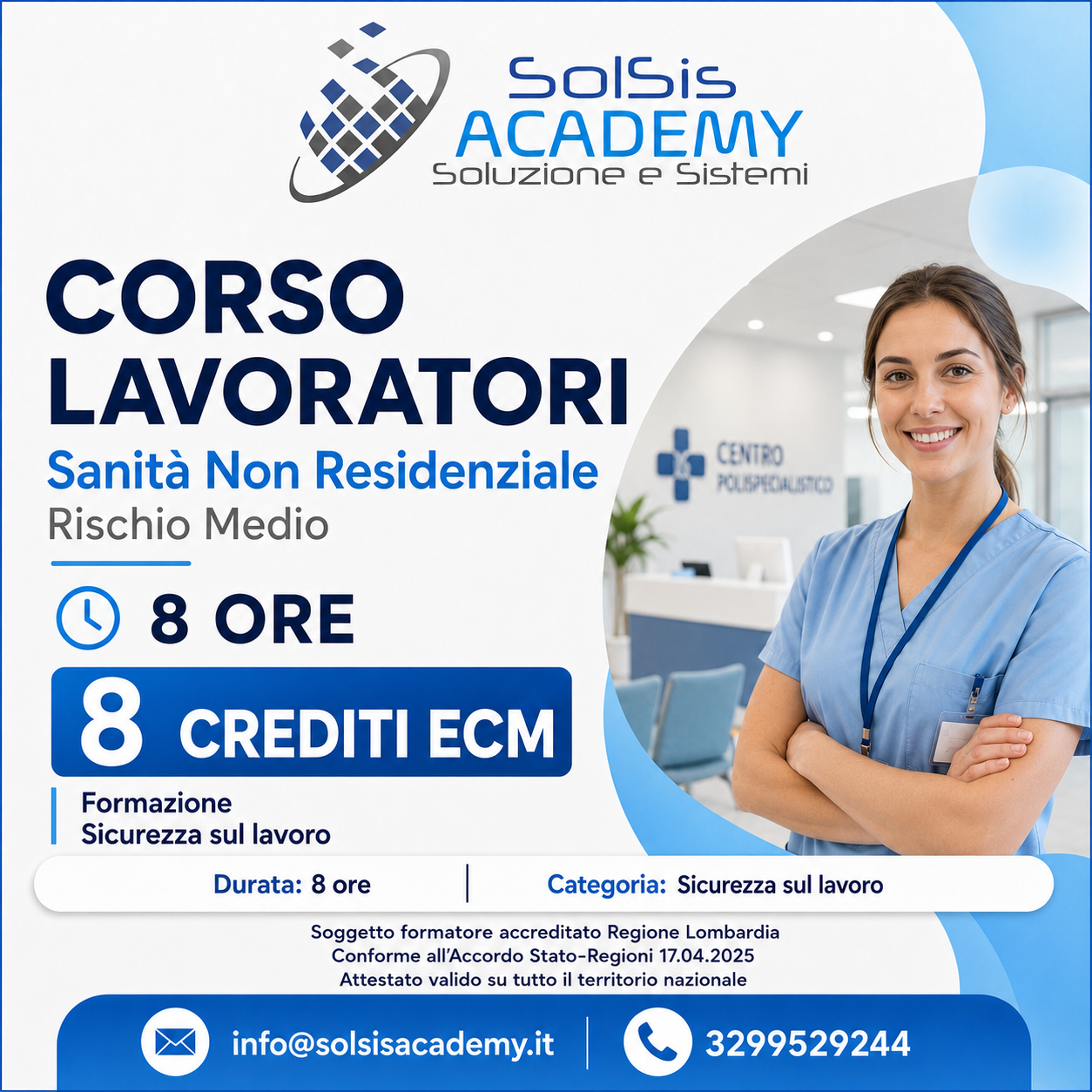 Promotional poster for an 8-hour safety course (ECM credits) in non‑residential healthcare, Rischio Medio, Solisis Academy logo visible, nurse at right.