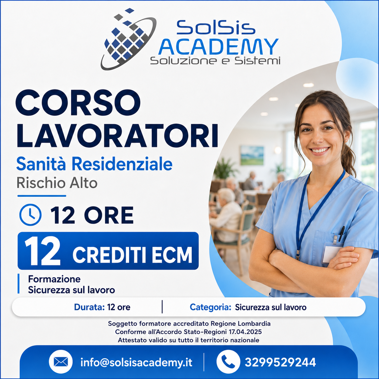 Poster advertising a 12-hour ECM credit course for residential healthcare workers (high risk) with a smiling nurse and company branding Solsis Academy/Soluzioni e Sistemi, in Italian.