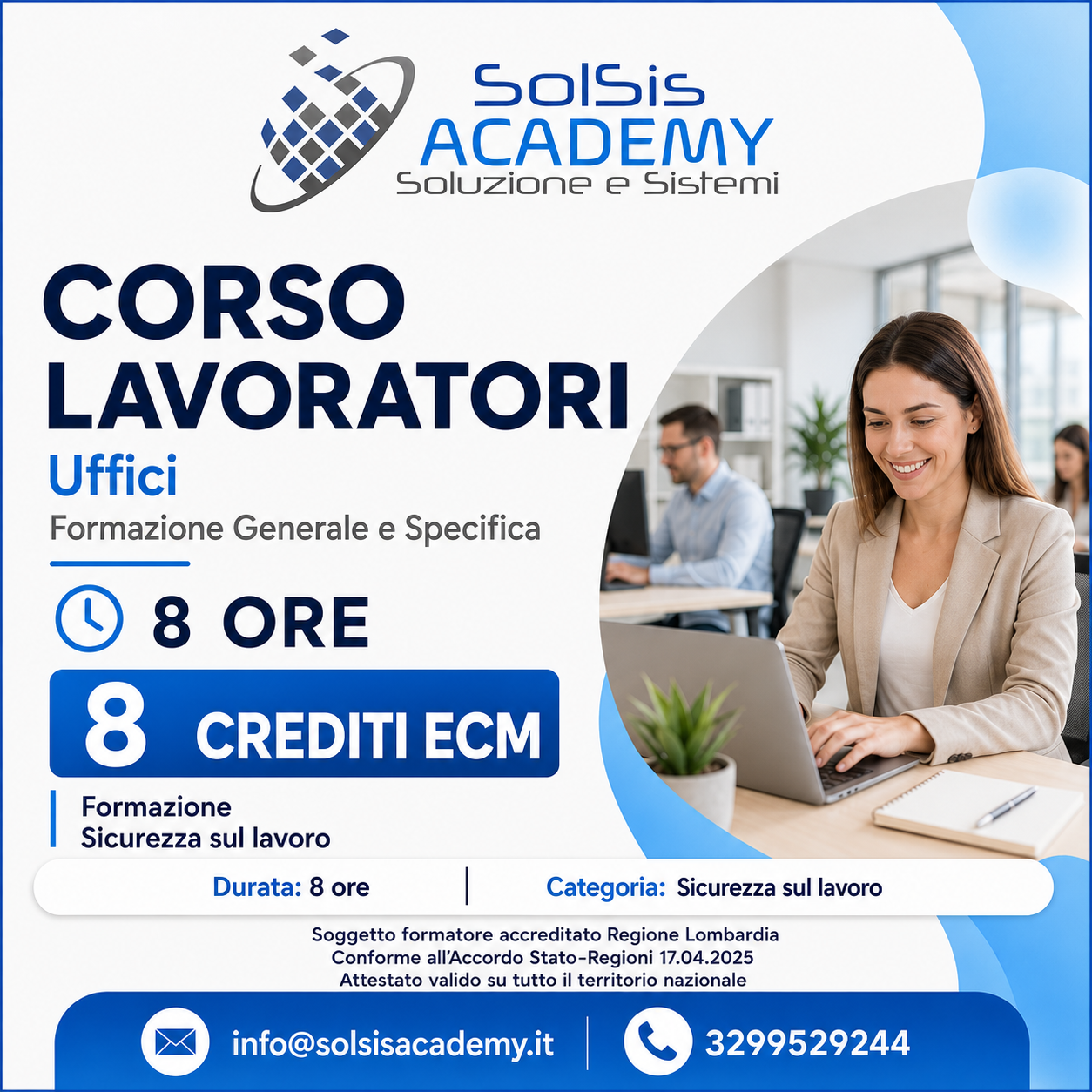 Poster for Solsis Academy advertising an 'Office Workers' course: 8 hours, 8 ECM credits, general and specific training, safety at work; contact info and category 'Sicurezza sul lavoro'