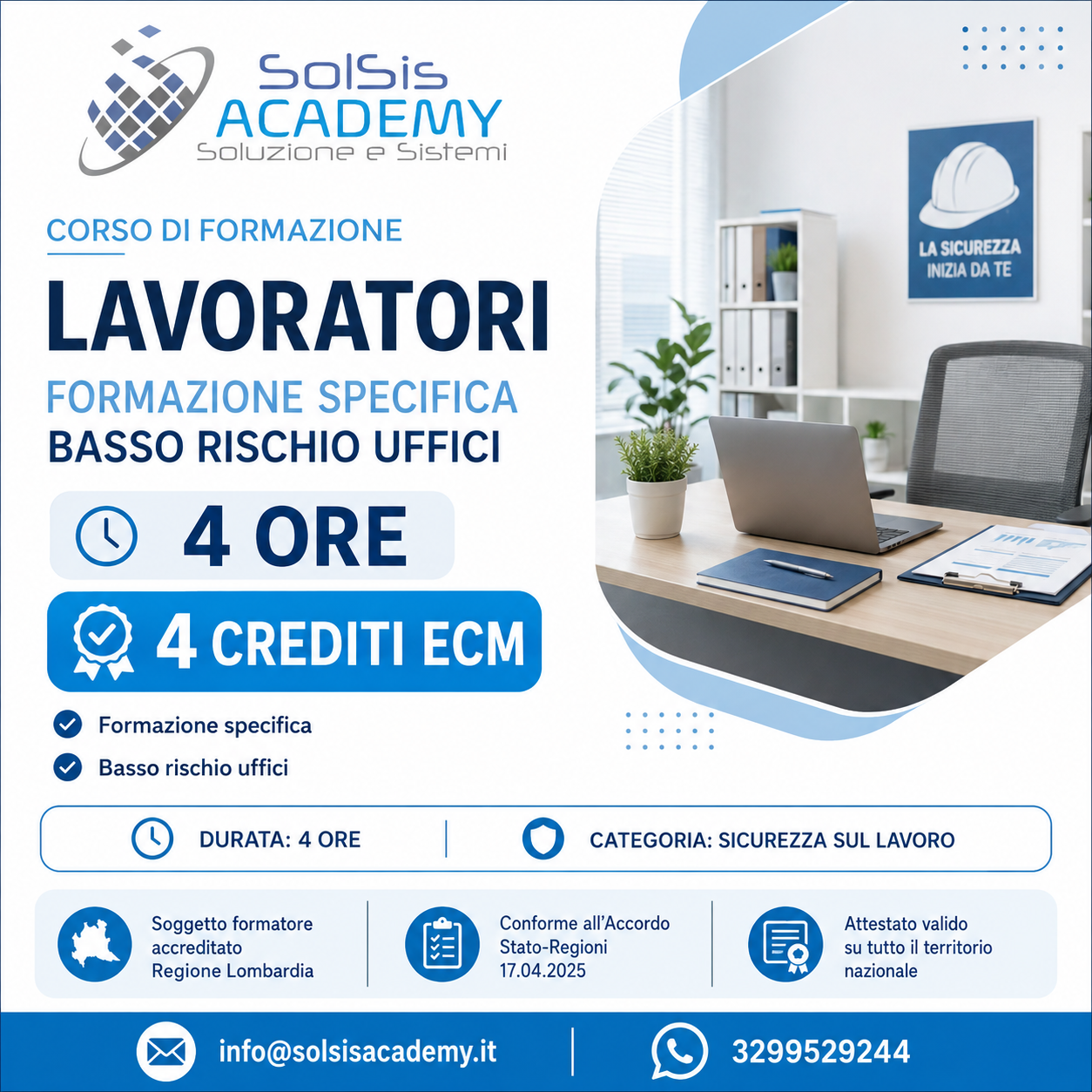 Infographic poster for SolSIS Academy offering a 4-hour training for low‑risk office workers (4 ECM credits) with a modern office photo.