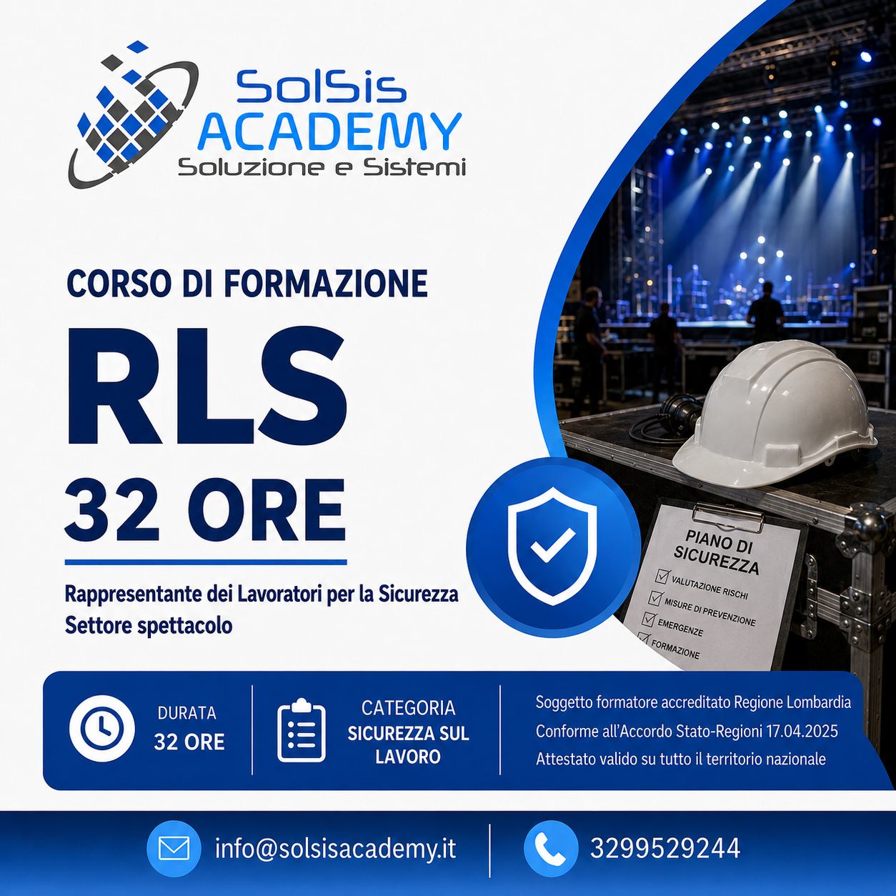 Poster for Solsis Academy announcing a 32-hour RLS training course with blue branding and a hard hat on a gear case beside a stage backdrop.