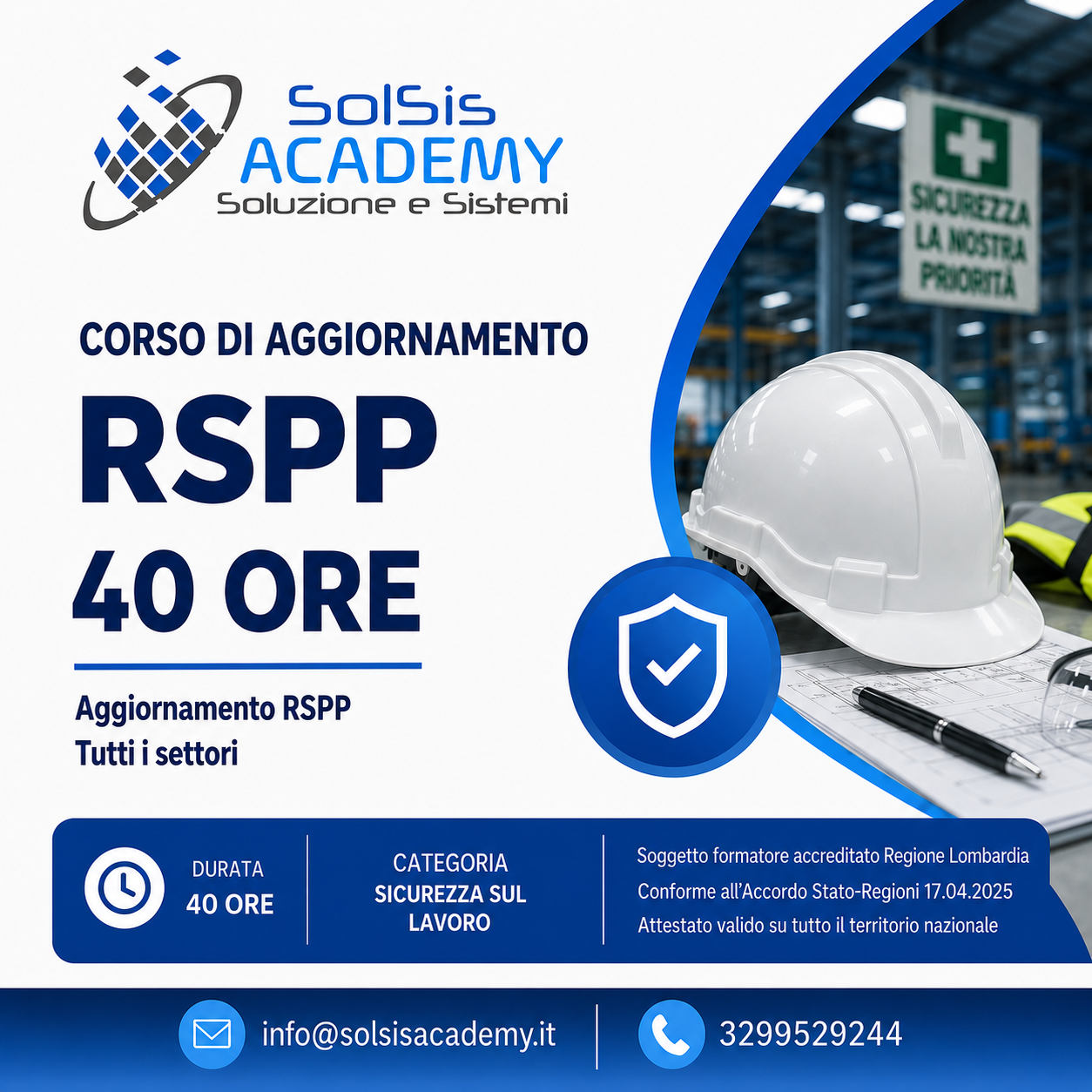 Promotional poster for Solsis Academy advertising a 40-hour RSPP update course for all sectors, featuring a hard hat.