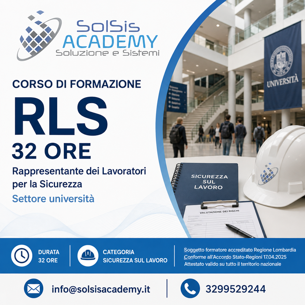 Poster for Solsis Academy advertising an RLS 32-hour safety course for the university sector, with helmet, notebook, and contact info visible on the right.