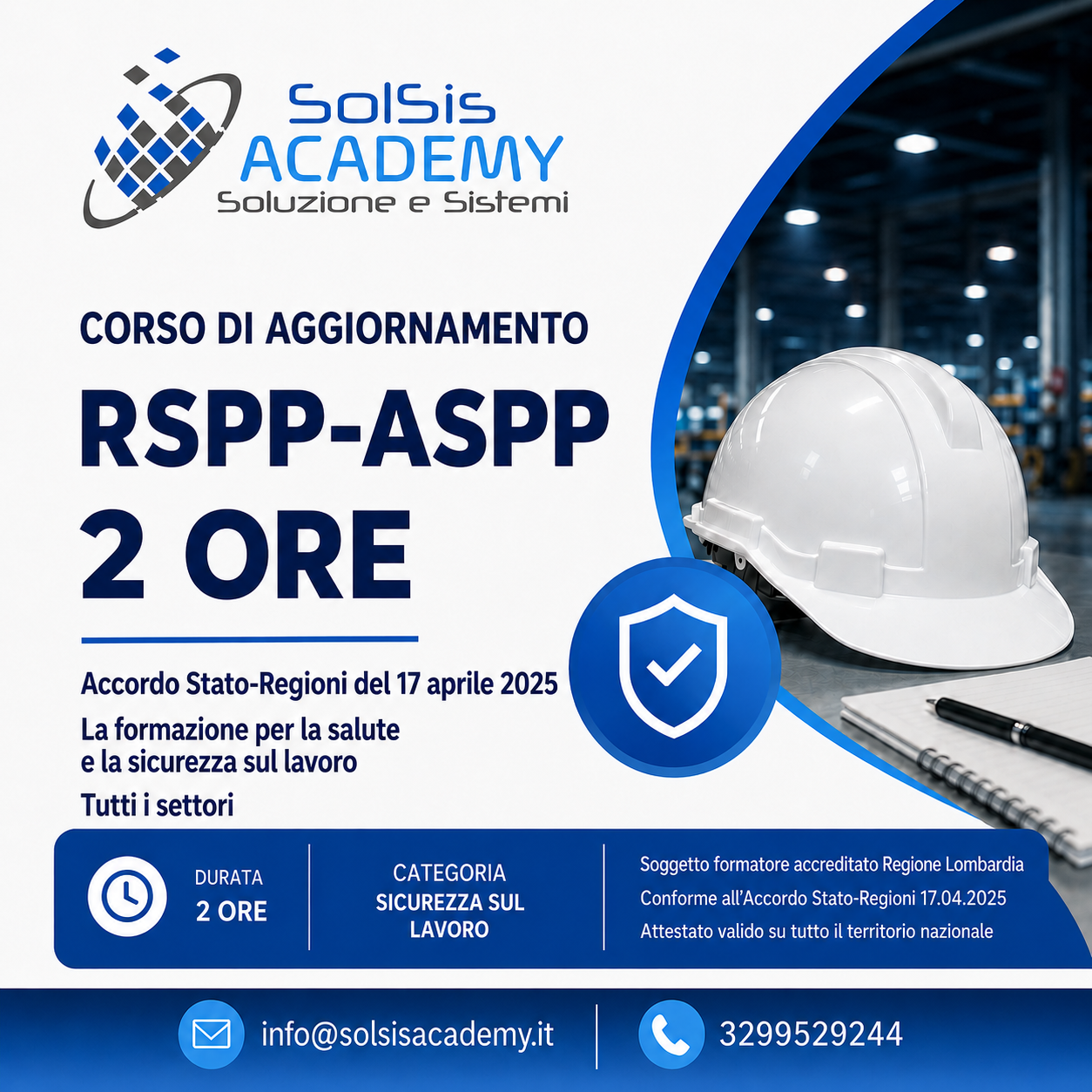 SolSIS Academy poster promoting the 2-hour RSPP-ASP aggiornamento course, with a white hard hat, blue shield icon, and contact area at the bottom (Italian text).