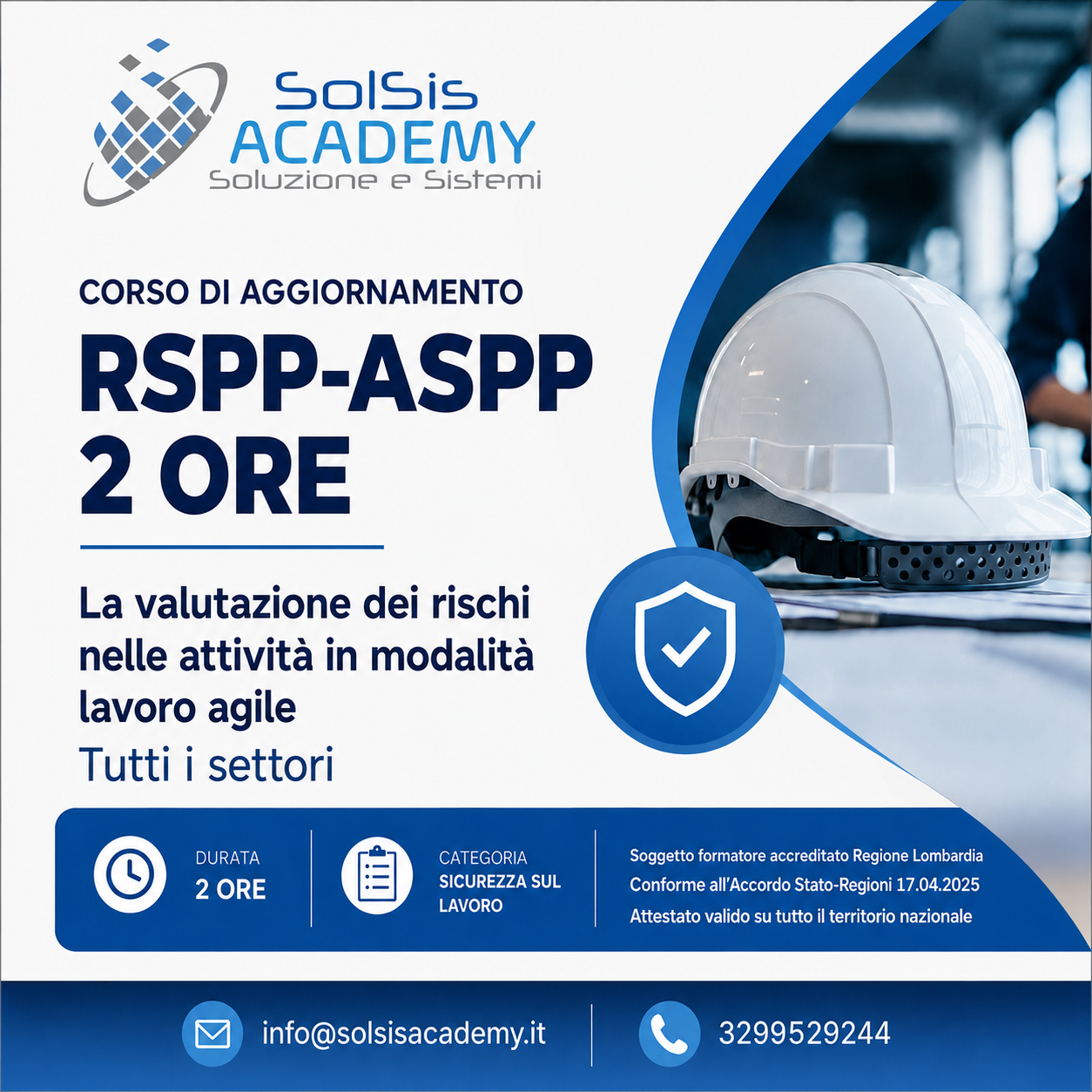 Poster for Solsis Academy course: RSPP-ASPP 2 ORE on workplace risk assessment in agile work, with safety helmet graphic and contact/footer info