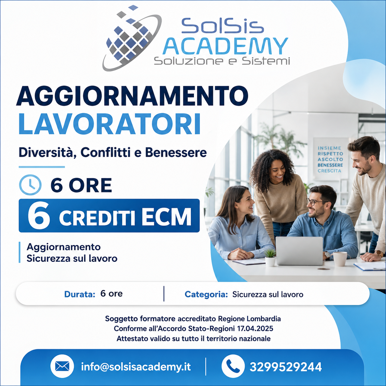 Promotional poster for SolSIs Academy: Aggiornamento Lavoratori, 6 ore, 6 crediti ECM, sicurezza sul lavoro.