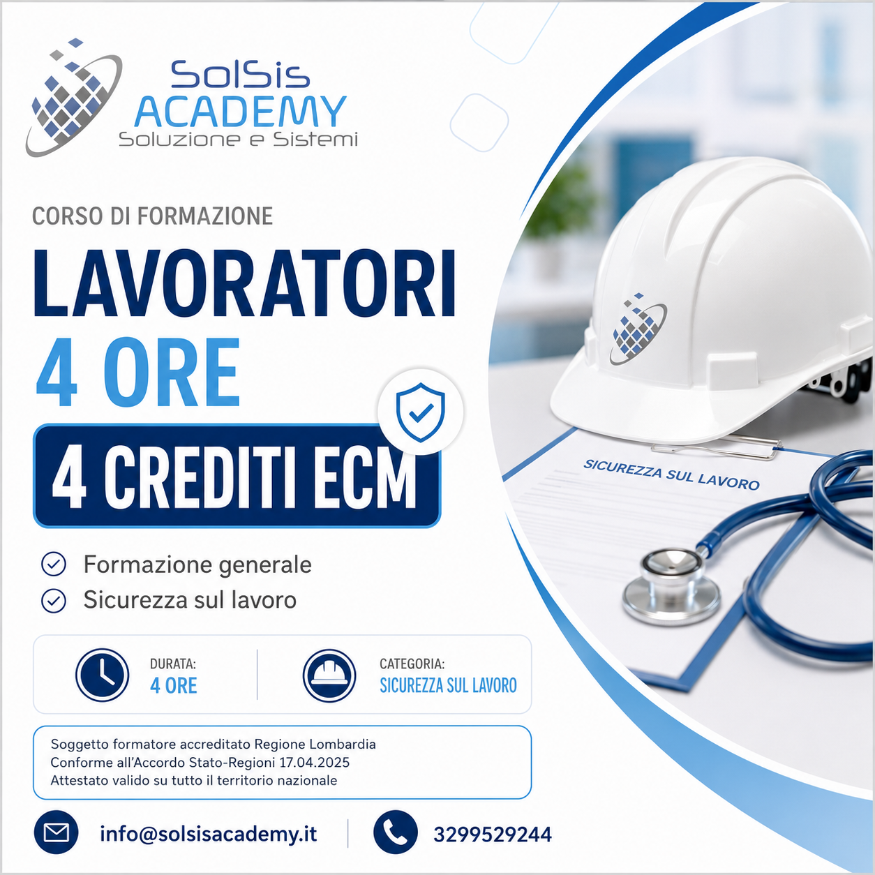 Flyer SolSIS Academy: corso di formazione 'Lavoratori 4 ore, 4 crediti ECM' sulla sicurezza sul lavoro.