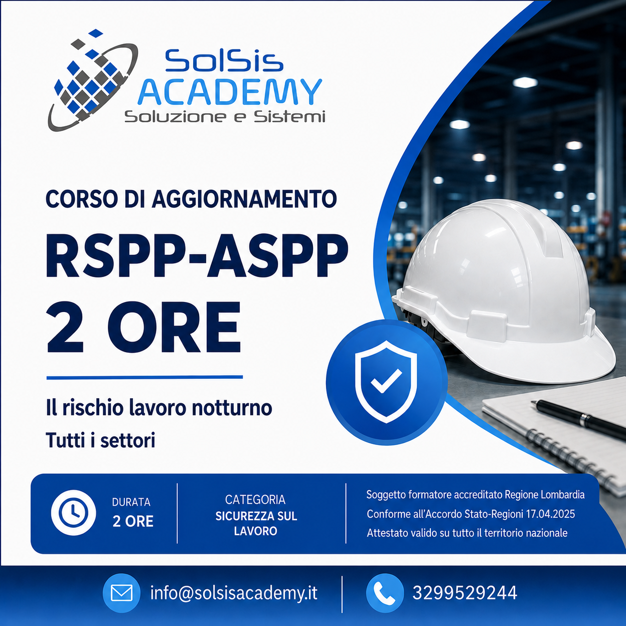 Poster advertising a 2-hour RSPP-ASPP refresher course on night-work risk for all sectors by Solsis Academy, with a hard hat and shield icon.
