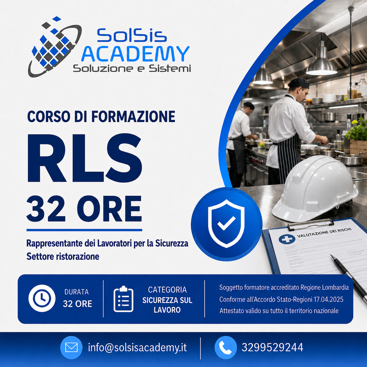 Poster for SolSis Academy with a blue RLS 32 ore training course in cucina settore ristorazione and safety icons, helmet on a worktable