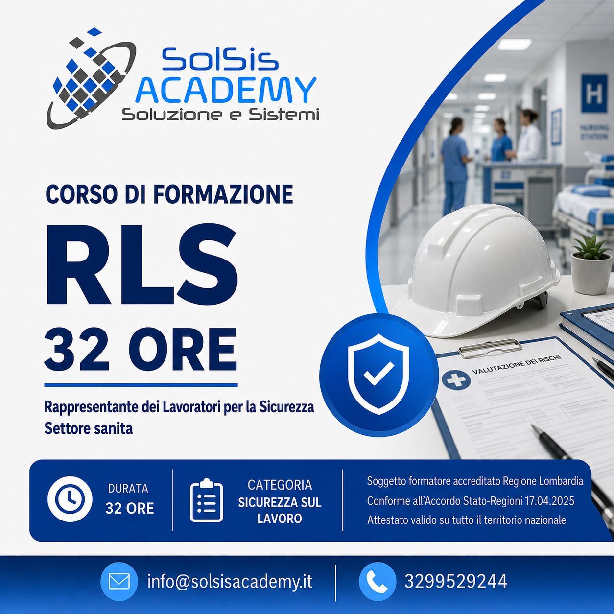 Poster for Solsis Academy promoting the RLS 32-hour training course, featuring a white safety helmet, checkmark shield, and form in the foreground.