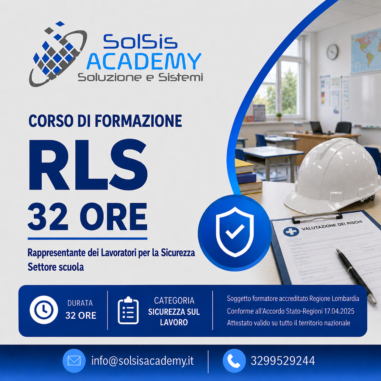 Poster for Solisis Academy advertising a 32-hour RLS safety course for school sector workers, with a hard hat and clipboard on a desk.