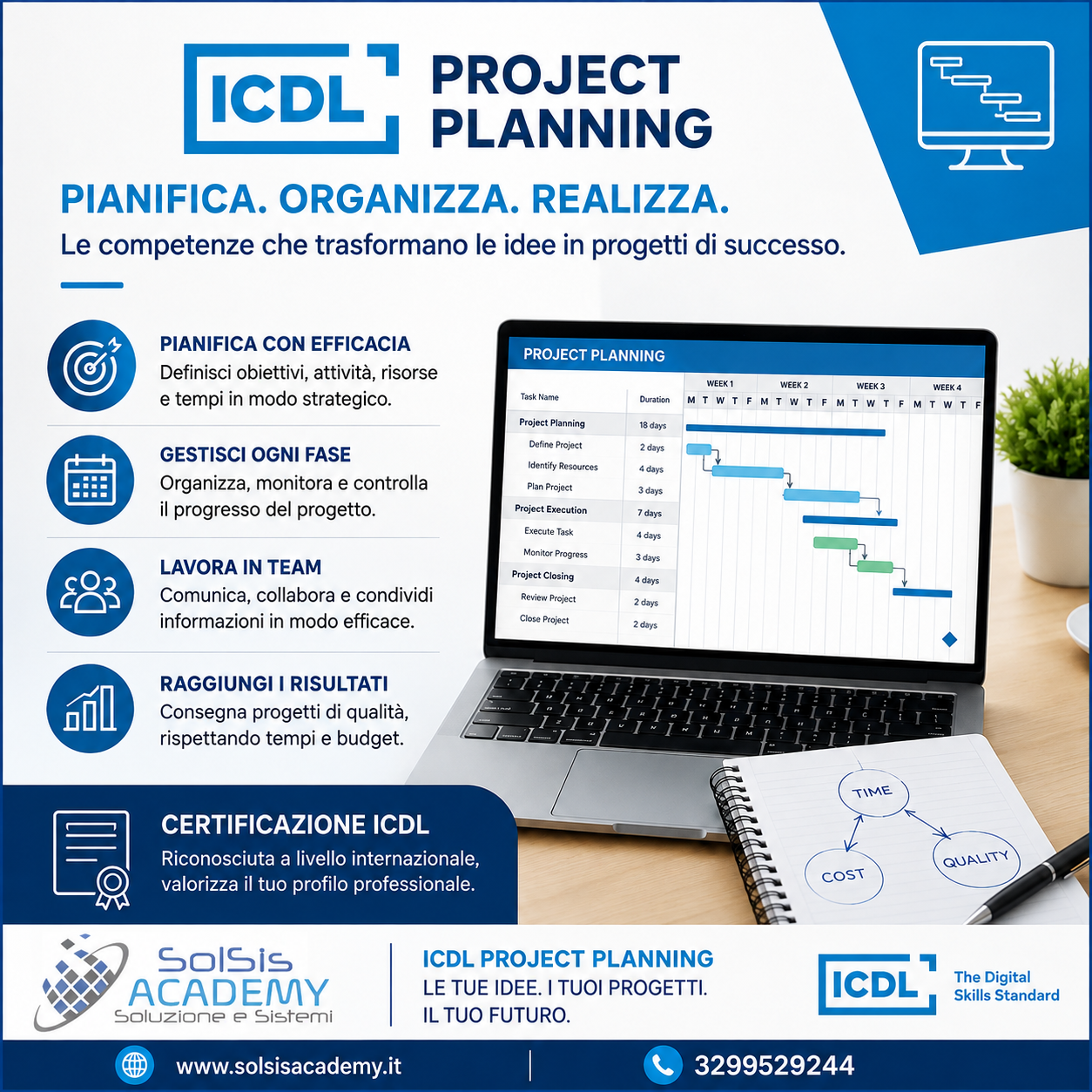 Poster announcing ICDL Project Planning in Italian, with a laptop showing a Gantt chart and lists of benefits.
